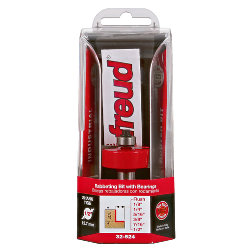 Freud 32-524 flush, 1/8",1/4",5/16",3/8",7/16",1/2" Depth Rabbeting Bit with Bearings - Package image