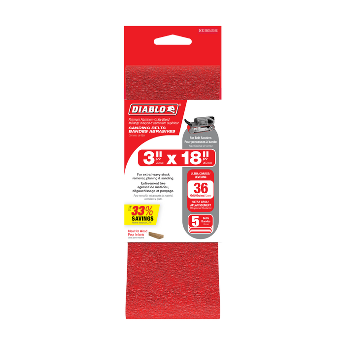 Diablo DCB318036S05G 3" x 18" 36-Grit Sanding Belts (5-pk) - Package image