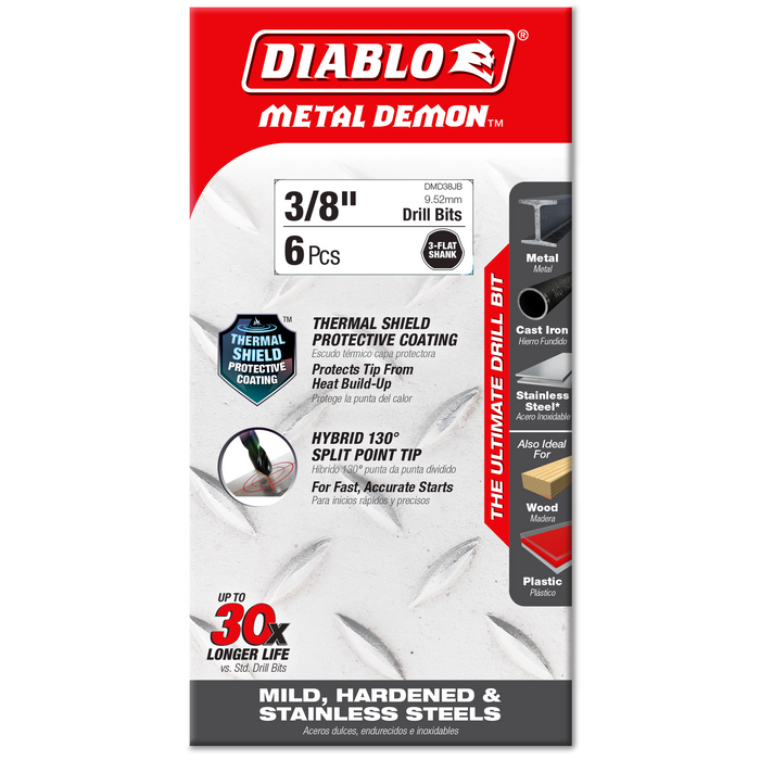 Diablo DMD38JB 3/8" Metal Demon™ Drill Bits for Mild, Hardened and Stainless Steels - Package image