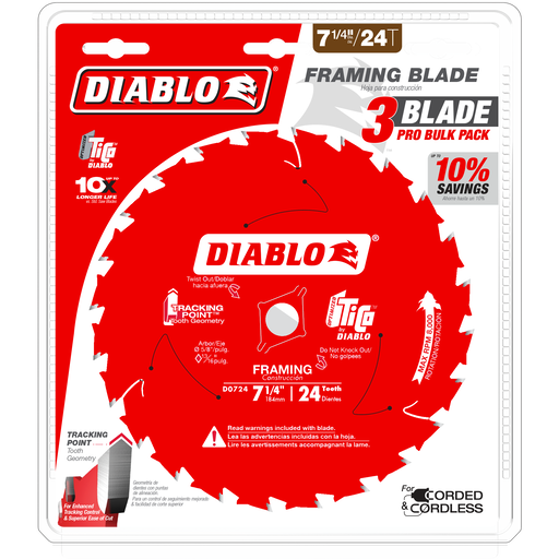 Diablo D0724X3 7-1/4" x 24-Teeth Framing Saw Blades for Wood (3-pk) - Package image