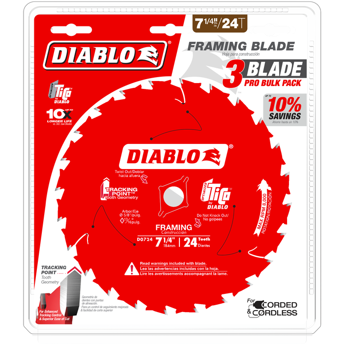 Diablo D0724X3 7-1/4" x 24-Teeth Framing Saw Blades for Wood (3-pk) - Package image