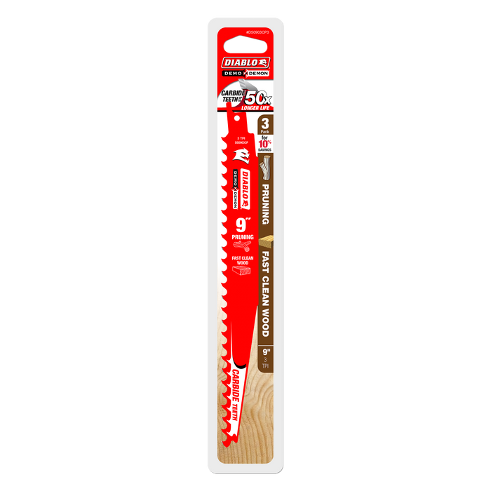 Diablo DS0903CP3 9" 3TPI Demo Demon™ Carbide Tipped Reciprocating Saw Blades for Pruning and Clean Wood (3-pk) - Package image