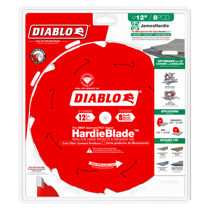 Diablo D1208DH 12" x 8-Teeth HardieBlade™ Saw Blade for Fiber Cement - Package image