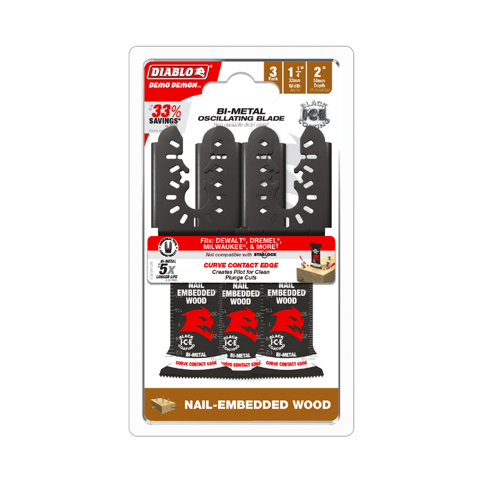 Diablo DOU125BW3 1-1/4" Demo Demon™ Universal Fit Bi-Metal Oscillating Blades for Nail-Embedded Wood (3-pk) - Package image