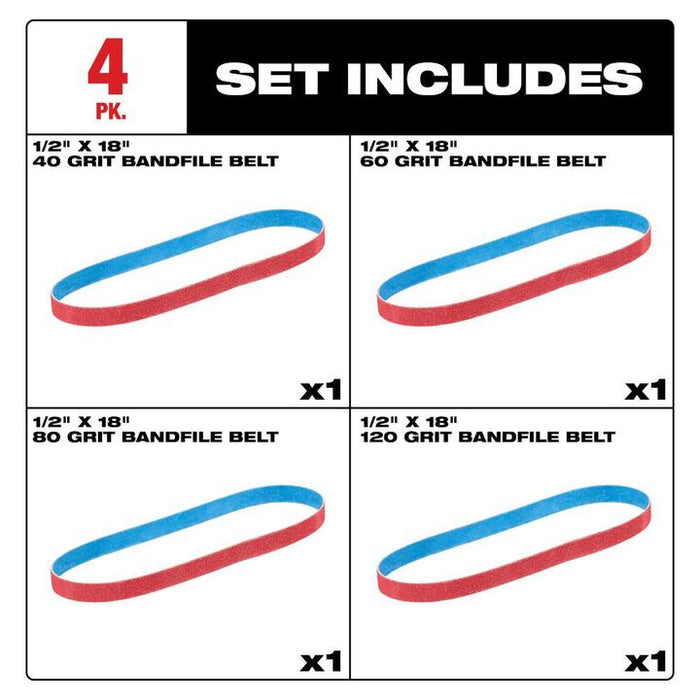 Milwaukee 1/2 Inch x 18 Inch 40/60/80/120 Grit Bandfile Belts 4 Pack Variety