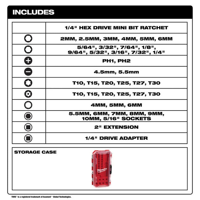 Milwaukee 1/4 Inch Hex Drive Mini Flex Head Ratchet & Bit Set 44 Pieces  48-22-2952