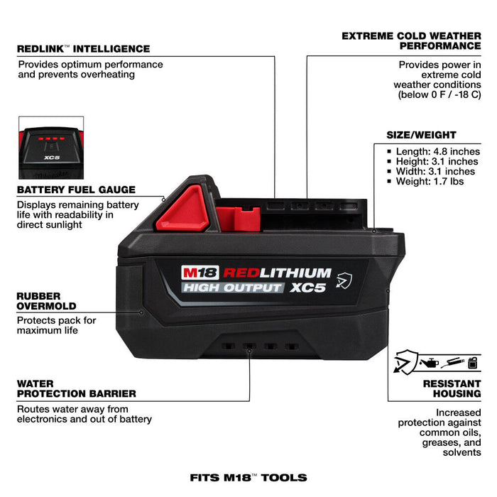 Milwaukee M18 REDLITHIUM HIGH OUTPUT XC5 Oil, Grease, and Solvent Resistant Battery Pack
