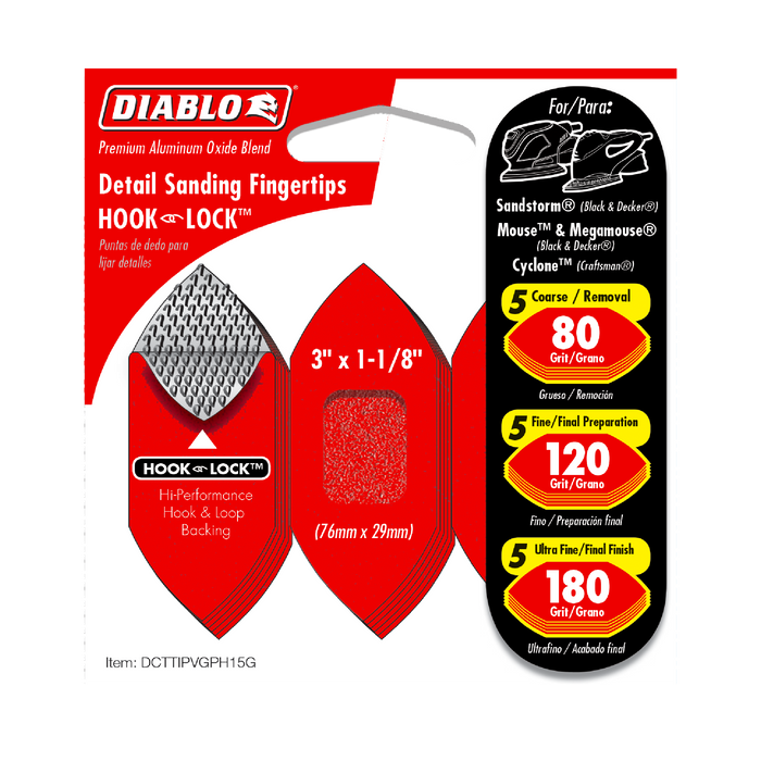 Diablo DCTTIPVGPH15G 3"x 1-1/8" Assorted Hook & Lock™ Fingertip Detail Sanding Sheets (15-pk) - Package image