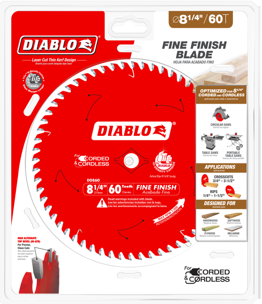 Diablo D0860X 8-1/4" x 60-Teeth Fine Finish Saw Blade for Wood - Package image