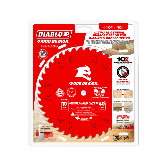 Diablo D1040UX 10" x 40-Teeth Wood Demon™ Ultimate General Purpose Carbide Saw Blade for Wood - Package image