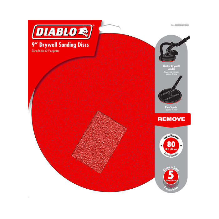 Diablo DCD090080H05G 9" 80-Grit Hook & Lock™ ROS Sanding Discs for Drywall (5-pk) - Package image