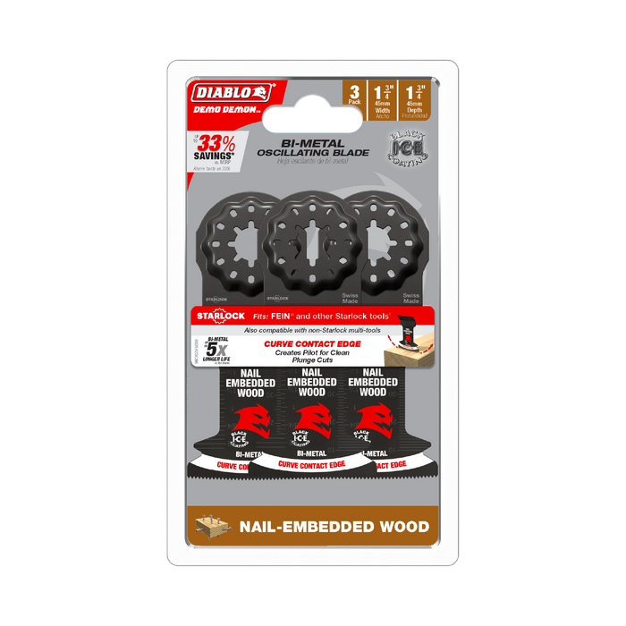 Diablo DOS175BW3 1-3/4" Diablo Demo Demon™ Starlock Bi-Metal Oscillating Blades for Nail-Embedded Wood (3-pk) - Package image