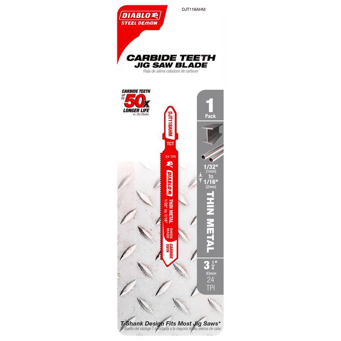 Diablo DJT118AHM 3-1/4" 24TPI Carbide Jig Saw Blade for Thin Metal - Package image