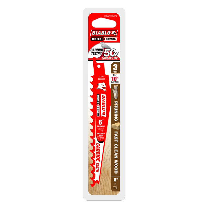 Diablo DS0603CP3 6" 3TPI Demo Demon™ Carbide Tipped Reciprocating Saw Blades for Pruning and Clean Wood (3-pk) - Package image