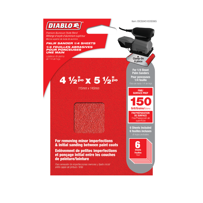 Diablo DCS045150S06G 4-1/2" x 5-1/2" 150-Grit Palm Sander 1/4 Sanding Sheets (6-pk) - Package image