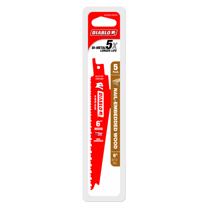 Diablo DS0612BW5 6" 6/12TPI Bi-Metal Reciprocating Saw Blades for Nail-Embedded Wood (5-pk) - Package image