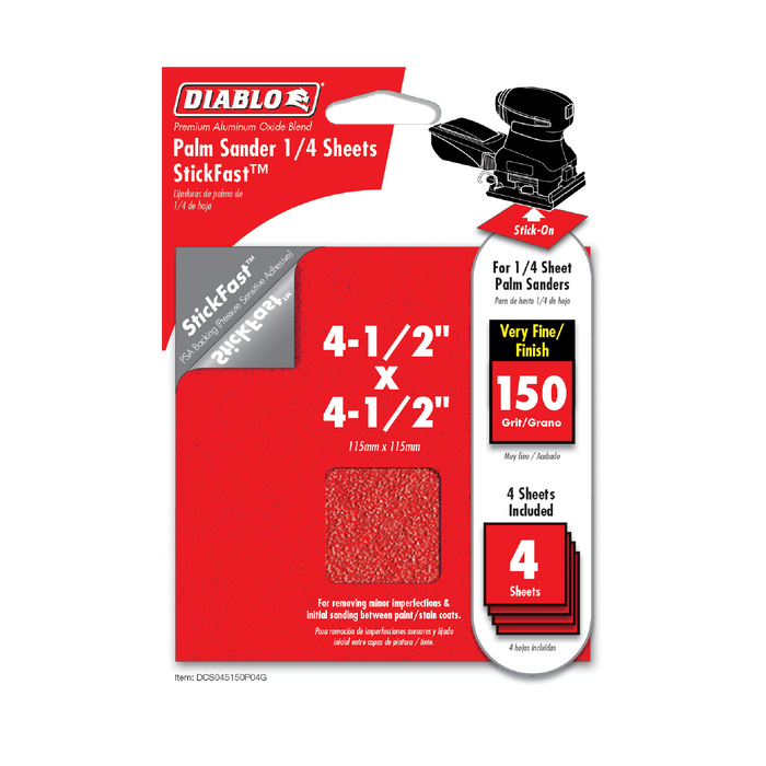 Diablo DCS045150P04G 4-1/2" x 4-1/2" 150-Grit StickFast™ Palm Sander 1/4 Sanding Sheets (4-pk) - Package image