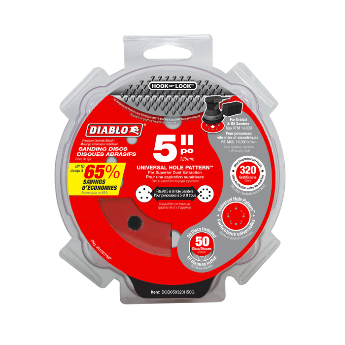 Diablo DCD050320H50G 5" 320-Grit Hook & Lock™ ROS Sanding Discs (50-pk) - Package image