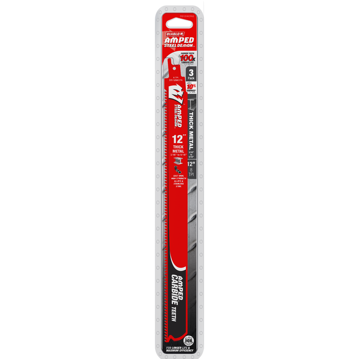 Diablo DS1208CFA3 12" 8TPI AMPED™ Steel Demon™ Carbide Teeth Reciprocating Saw Blades for Thick Metal (3 Pk) - Package image