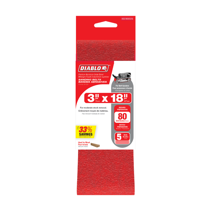 Diablo DCB321080S05G 3" x 21" 80-Grit Sanding Belts (5-pk) - Package image