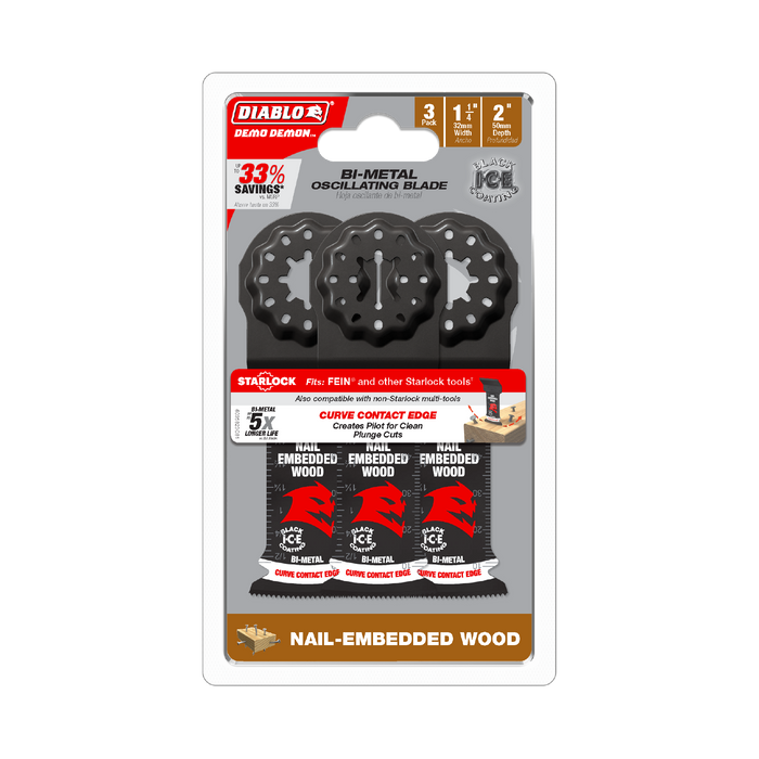 Diablo DOS125BW3 1-1/4" Demo Demon™ Starlock Bi-Metal Oscillating Blades for Nail-Embedded Wood (3-pk) - Package image