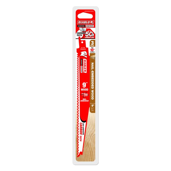 Diablo DS0906CWS3 9" 5/7 TPI Demo Demon™ Carbide Teeth Reciprocating Saw Blades for Nail-Embedded Wood (3 Pk) - Package image