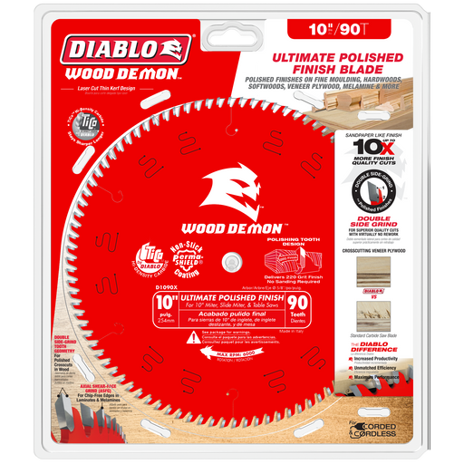 Diablo D1090X 10" x 90-Teeth Wood Demon™ Ultimate Polished Finish Saw Blade for Wood - Package image