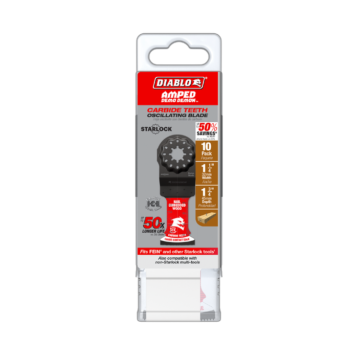 Diablo DOS125CW10 Diablo 1-1/4" AMPED™ Demo Demon™ Starlock Carbide Teeth Oscillating Blades for Nail-Embedded Wood (10-pk) - Package image
