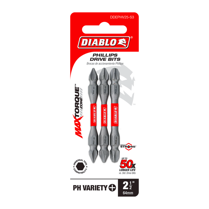 Diablo DDEPHV25-S3 3-Piece 2-1/2" Double-Ended Phillips Drive Bit Set - Package image