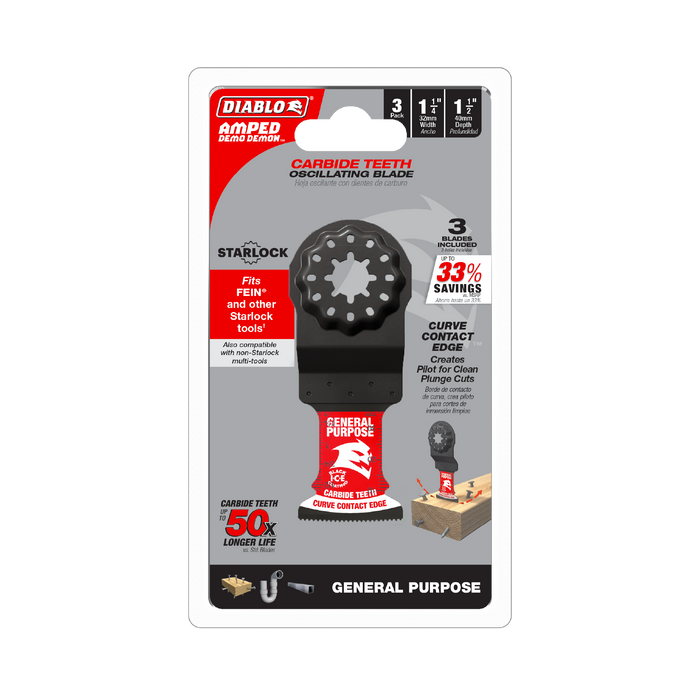 Diablo DOS125CGP3 1-1/4"(w) x 1-1/2"(d) AMPED™ Demo Demon™ Starlock Carbide Teeth Oscillating Blade for General Purpose Cuts (3-pk) - Package image