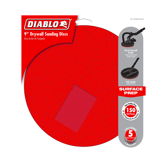 Diablo DCD090150H05G 9" 150-Grit Hook & Lock™ ROS Sanding Discs for Drywall (5-pk) - Package image