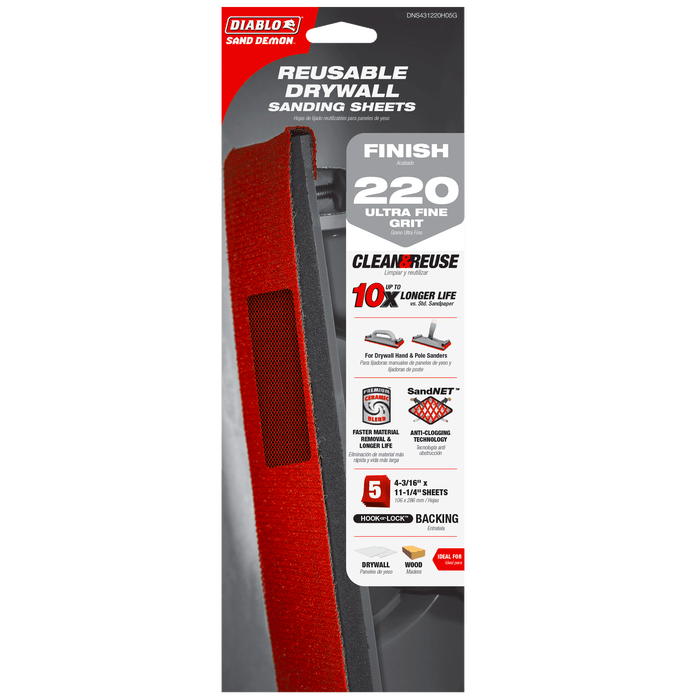 Diablo DNS431220H05G 4-3/16" x 11-1/4" Sand Demon™ 220-Grit Reusable Sanding Sheets for Drywall (5-pk) - Package image