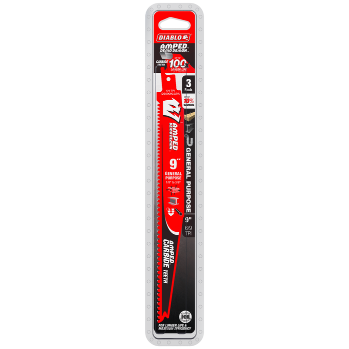 Diablo DS0909CGPA3 9" 6/9TPI AMPED™ Demo Demon™ Carbide Teeth Reciprocating Saw Blades for General Purpose Cuts (3-pk) - Package image