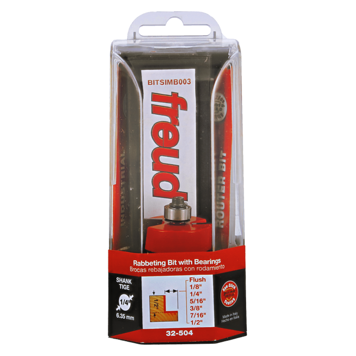 Freud 32-504 flush, 1/8",1/4",5/16",3/8",7/16",1/2" Depth Rabbeting Bit with Bearings - Package image