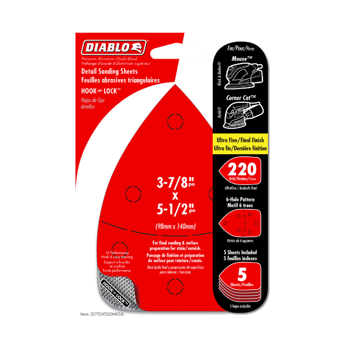 Diablo DCTCAT220H05G 3-7/8" x 5-1/2" 220-Grit Hook & Lock™ CAT/Mouse Detail Sanding Sheets (5-pk) - Package image