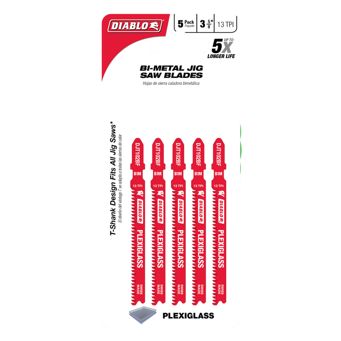 Diablo DJT102BF5 3-5/8" 13TPI Bi-Metal Jig Saw Blades for Plexiglass (5-pk) - Package image