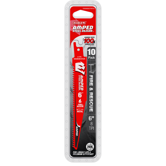 Diablo DS0608CFAR10 6" 8 TPI AMPED™ Steel Demon™ Carbide Teeth Reciprocating Saw Blade for Fire & Rescue (10-pk) - Package image