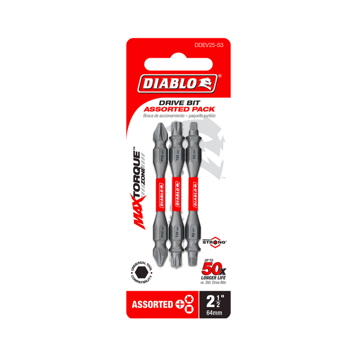 Diablo DDEV25-S3 3-Piece 2-1/2" Double-Ended Phillips, Square and Torx Drive Bit Set - Package image