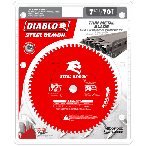 Diablo D0770F 7-1/4" x 70-Teeth Steel Demon™ Carbide Saw Blade for Thin Metal - Package image