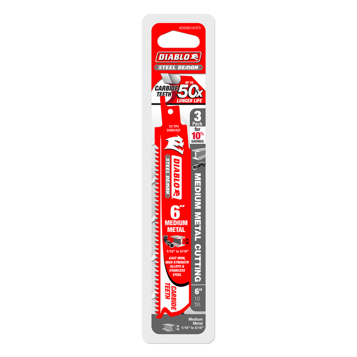 Diablo DS0610CF3 6" 10 TPI Steel Demon™ Carbide Teeth Reciprocating Saw Blades for Medium Metal (3-pk) - Package image
