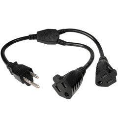 Power Y Cord, Black, NEMA 5-15P to Dual NEMA 5-15R, 16AWG, 13 Amp, 3 foot
