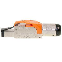 Shielded Cat6a field terminable plug for solid/stranded cable, 23-26 AWG conductors, 6.0-7.5mm OD, POE Compliant, Orange