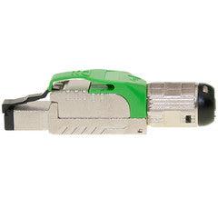 Shielded Cat6a field terminable plug for solid/stranded cable, 23-26 AWG conductors, 6.0-7.5mm OD, POE Compliant, Green
