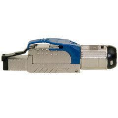 Shielded Cat6a field terminable plug for solid/stranded cable, 23-26 AWG conductors, 6.0-7.5mm OD, POE Compliant, Blue