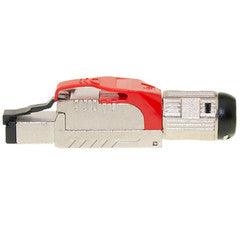Shielded Cat6a field terminable plug for solid/stranded cable, 23-26 AWG conductors, 6.0-7.5mm OD, POE Compliant, Red