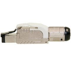Shielded Cat6a field terminable plug for solid/stranded cable, 23-26 AWG conductors, 6.0-7.5mm OD, POE Compliant, White