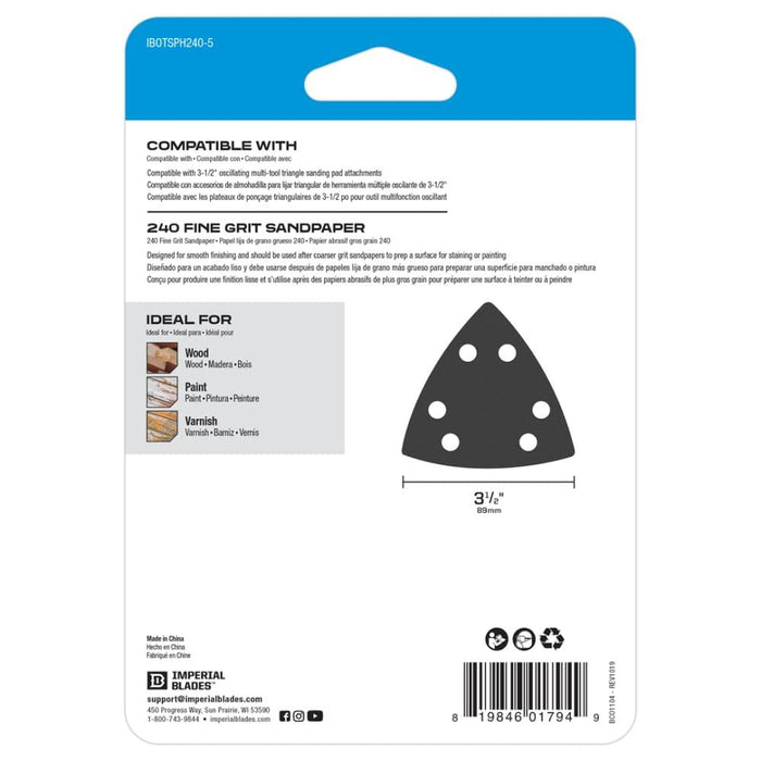 Imperial Blades - Oscillating Multi-Tool Triangle Sandpaper 240 Fine Grit, 5PC IBOTSPH240-5, Black, 5-Pack