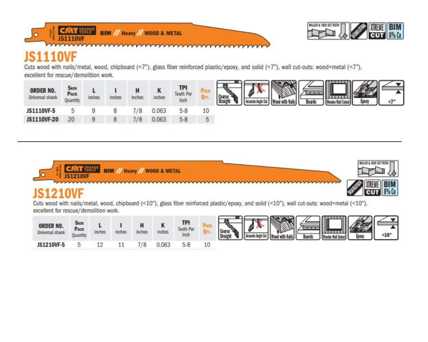 CMT USA, Inc. JS1411DF-5 CMT 6 TPI Bimetal Reciprocating Saw Blades for Wood/Metal (5 Pack), 11"