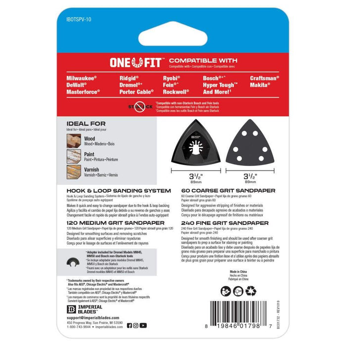 Imperial Blades - One Fit Oscillating Multi-Tool Triangle Sanding Pad + Sandpaper Variety Pack, 10PC IBOTSPV-10
