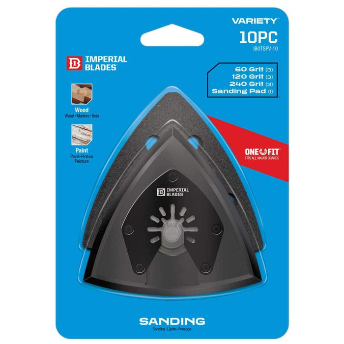 Imperial Blades - One Fit Oscillating Multi-Tool Triangle Sanding Pad + Sandpaper Variety Pack, 10PC IBOTSPV-10